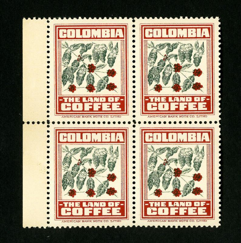 Colombia Stamps XF Coffee Labels in Block 4 OG NH