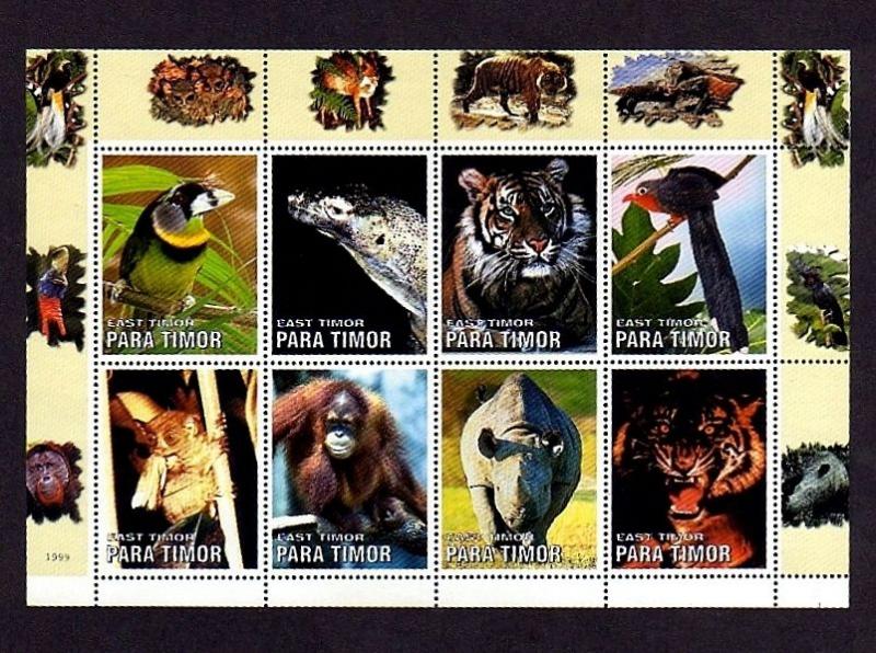 TIMOR - 1999 - WILD ANIMALS - TIGER - RHINO - BIRDS ++ MINT - MNH PERF SHEET!