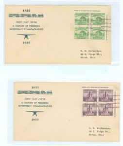 US 730a-731a 1933 Chicago Century of Progress (set of two) blocks of four from the Farley imperf sheets on two addressed (typed)