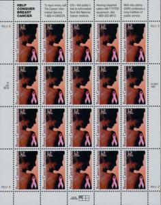 1996 32c Breast Cancer Awareness, Pink Ribbon, Sheet of 20 Scott 3081 Mint VF NH