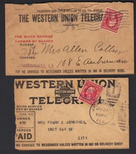 US 1915 TWO WESTERN UNION TELEGRAMS FRANKED 2c WASH PERFINS WU FLORIDA & OHIO