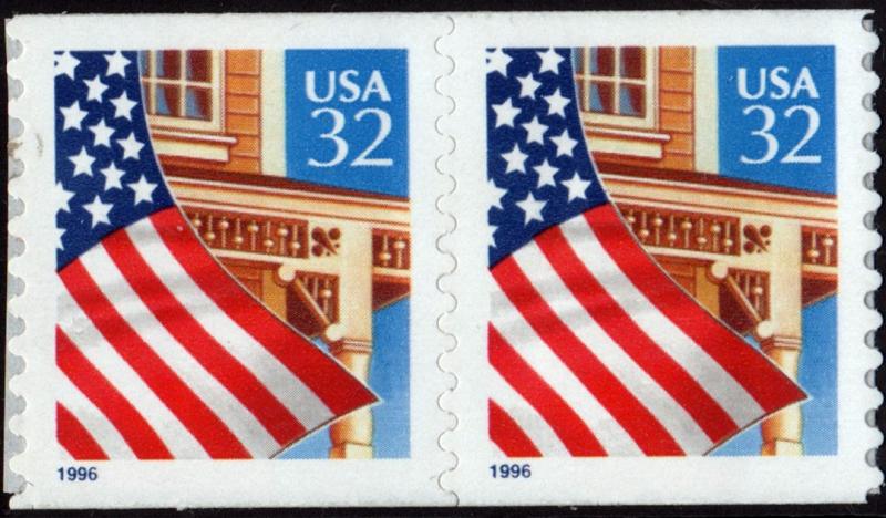 SC#3133 32¢ Flag Over Porch Linerless Coil Pair (1997) SA