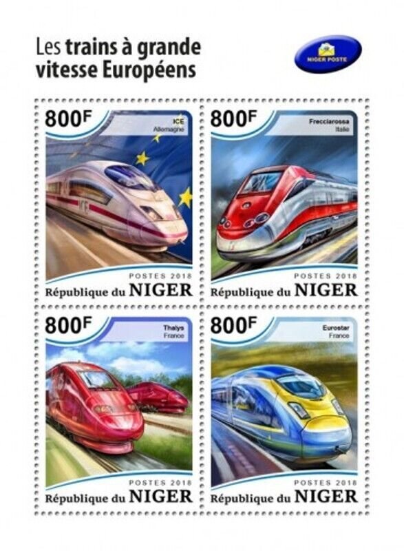 Niger - 2018 European Speed Trains - 4 Stamp Sheet - NIG18509a