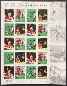 U.S. Used Scott #3399-4002 33c Youth Sports Sheet of 20 (on piece). CDS Cancel.