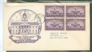 US 838 1938 3c Iowa Territory Centennial (Block Of 4) On An Addressed (Typed) FDC With A Purcell Cachet (1st)
