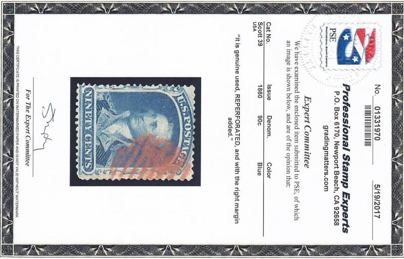 39 Rare used with PSE cert Red cancel with nice color cv $ 10,000 ! see pic !