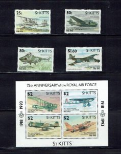 St Kitts: 1993 75th Anniversary of the RAF, MNH set + M/Sheet