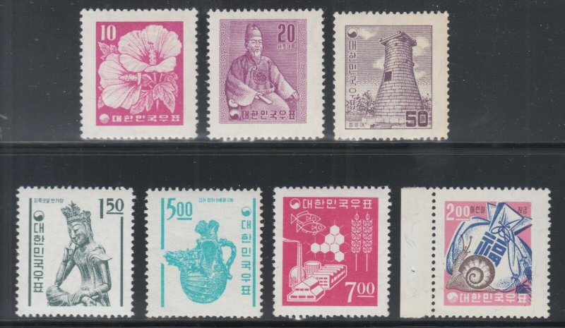 Korea Sc 235/378a MLH/MNH. 1956-1962 issues, 7 different singles, VF