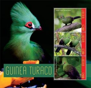 Liberia 2019 -Guinea Turaco Birds - Sheet of 3 stamps - Scott #3332 - MNH