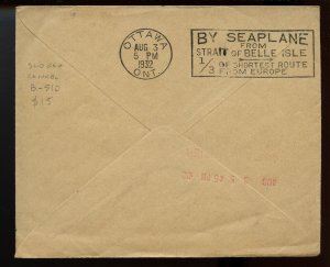 ?BY SEAPLANE from Strait of Belle Isle slogan, OHMS GB trade cover to Canada