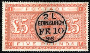 GB QV High Value SG.137 £5 Orange (CE) Superb 1896 CDS Used Cat £3,500+75% GOLD3 