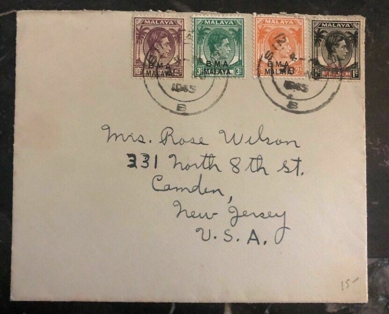 1946 Singapore Malaya Cover To Camden NY USA BMA Overprints