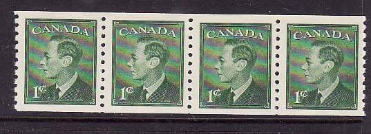 Canada-Sc#295- id5-Unused NH coil strip of 4-1c green KGVI-Postes-Postage omi