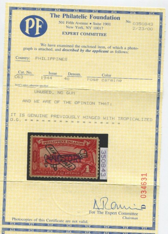 Philippines C63 Victory Overprint RARE Mint Stamp with PF Cert HZ61