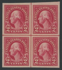 USA 577 - 2 cent Washington Imperf - XF Mint never hinged Center line block of 4