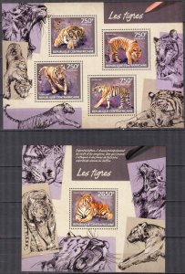 Central African Republic 2014 Wild Cats Tigers Sheet + S/S MNH