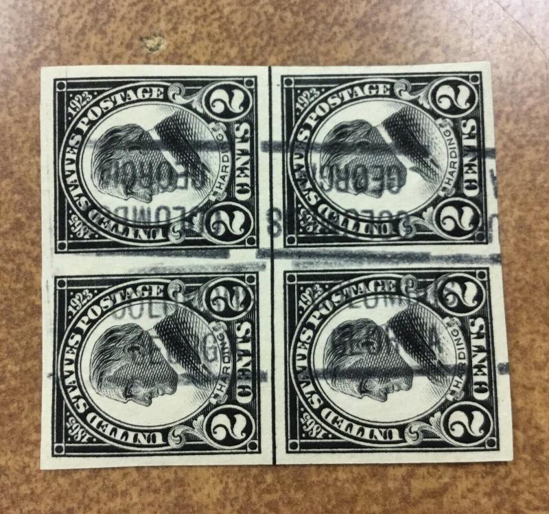 US 611 1923 2c  Black Harding IMPERF  1 precancel block of 4 from Columbus GA