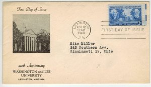 1949 WASHINGTON AND LEE UNIVERSITY FDC #982 1st Postman's Knock Lexington VA