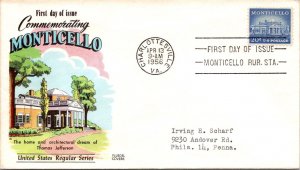 FDC 1956 SC #1047 Fluegel Cachet - Charlottesville VA - Single - F78462