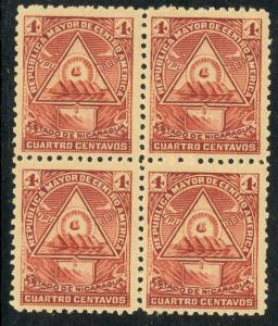 NICARAGUA REPRINT 1898 4c ARMS REPRINT BLOCK OF 4 Sc 109D MNH