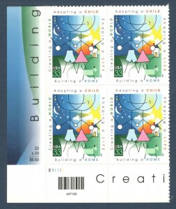 2000 Adopting a Child Plate Block of 4 33c Postage Stamps, Sc# 3398, MNH, OG