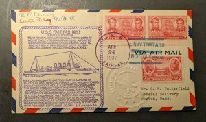 1937 USS Fairfax Navy Airmail Cover to Boston MA Navy Yard Norfolk Vir Cancel