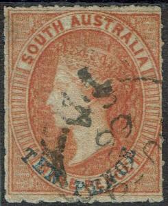 SOUTH AUSTRALIA 1860 QV TEN PENCE ON 9D ORANGE RED USED 