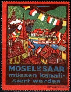 Vintage Germany Poster Stamp The Moselle And Saar Must Be Canalized