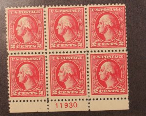 Scott 528 2 Cents Washington - MNH - Plate Block Of 6 11930 - SCV - $175.00