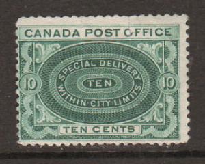 Canada Sc E1 MLH. 1898 10c Special Delivey, tiny tear