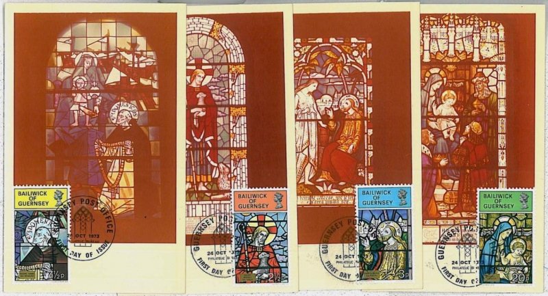 30221 - GUERNSEY - POSTAL HISTORY-MAXIMUM CARD-1973 (x4) - Glass Art, Religion,-
