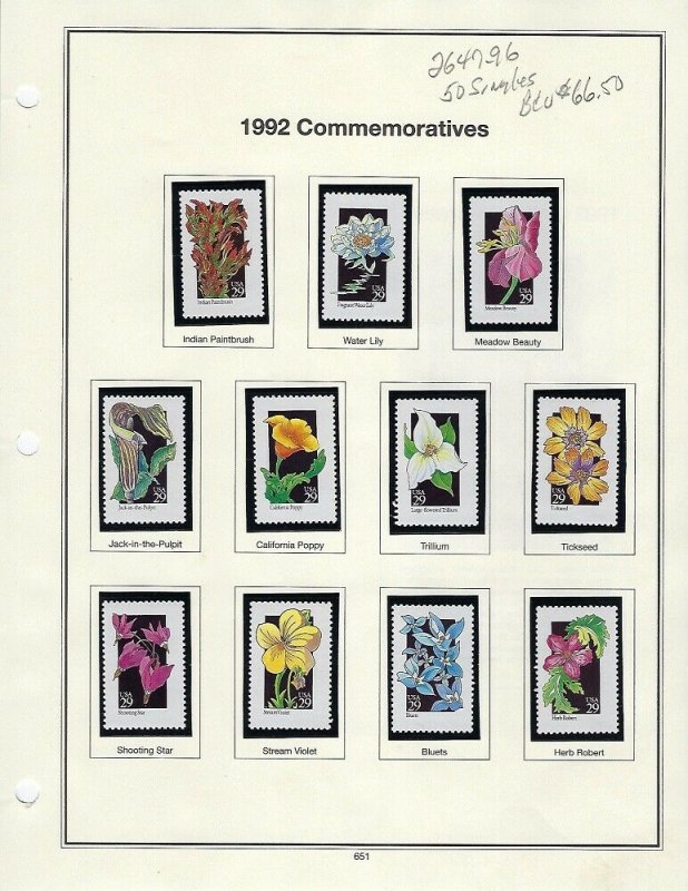 1992 2647-2696 29 cent WILDFLOWERS SET 50 MNH SINGLES - SCV $66.50 - W41