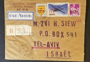 1959 St Paul Reunion to Tel Aviv Israel Registered Multi Franking Airmail Cover