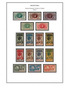 COLOR PRINTED MAURITANIA 1906-1944 STAMP ALBUM PAGES (15 illustrated pages)