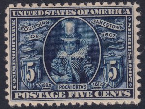 330 U.S 1907 Jamestown Exposition, Pocahontas 5¢ issue MLMH CV $150.00