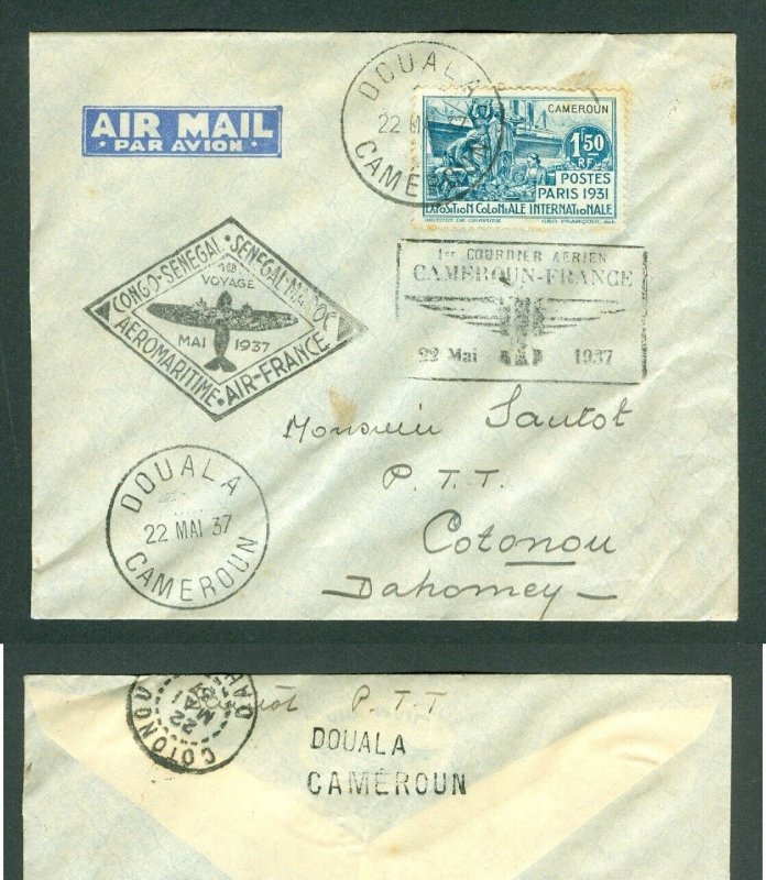 Cameroon 1937. F. Flight Cover. Cameroon-France./ Congo - Senegal. Adr: Dahomey 