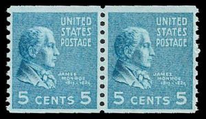 PCBstamps      US # 845 Coil Pair 10c(2x5c)James Monroe, 1939, MNH, (3)