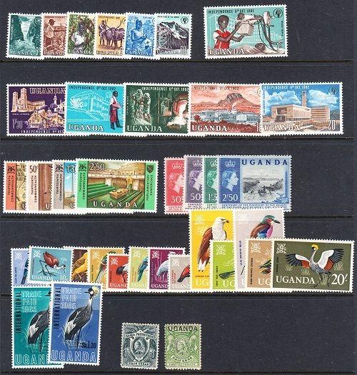 Uganda stamps - hinged sets (missing #105)+ couple early singles