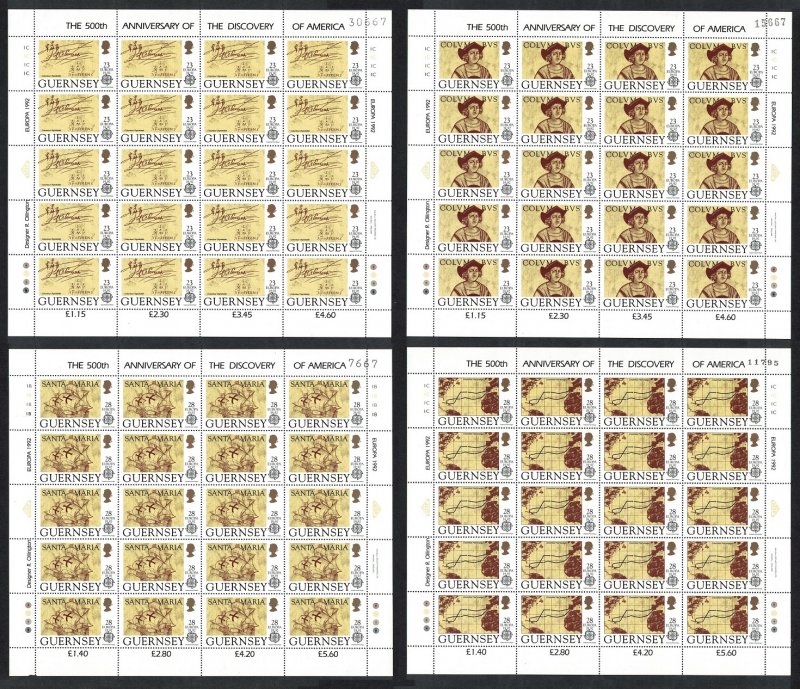 Guernsey Columbus Discovery of America 4v Sheetlets of 20 1992 MNH SG#556-559