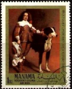 Painting, Dog & Court Dwarf, Manama stamp used