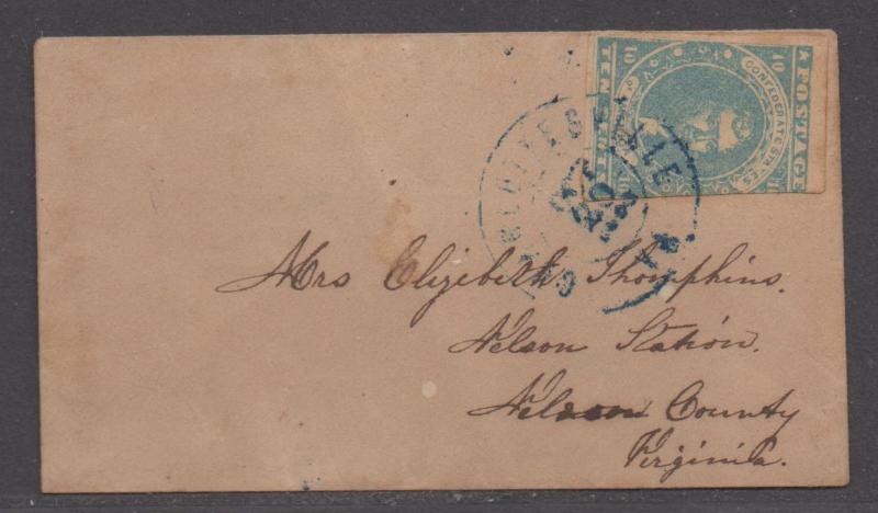 **CSA Cover, SC# 2 Paterson, Charlottesville, VA 10/20/1862, Stamp Trimmed