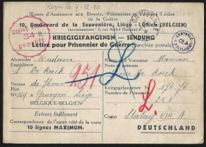 BELGIUM 1940 PRISONER OF WAR CARD SENT FROM GRIVEGNEE TO CAMP STALAG VIII IN