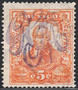 MEXICO 374, 5c LARGE MONOGRAM HANDSTAMP, UNUSED, H OG. F-VF.