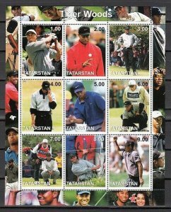 Tatarstan, 2001 Russian Local. Golfer Tiger Woods sheet of 9. ^