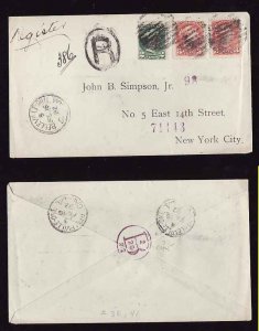 Canada #14341– 2c+3c(2)Small Queens reg'd letter to USA-Belleville,Ont