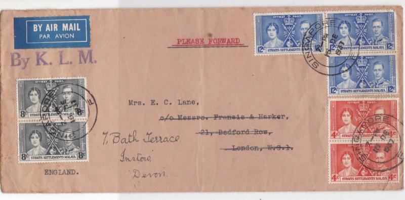 Straits Settlements Malaya 1937 Airmail by K.L.M. Multiple Stamps Cover Rf 33217