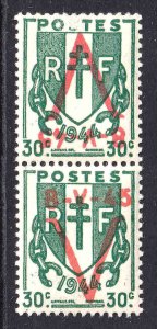 FRANCE 525 PAIR 8-V-45 AIX EN OTHE OVERPRINTS 1 INVERTED OG NH VF SIGNED #1