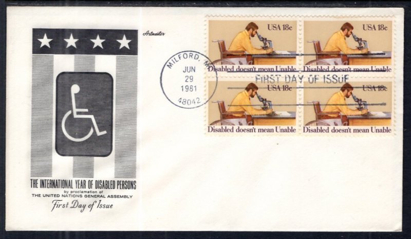 US 1925 Disabled Persons Block of Four Artmaster U/A FDC