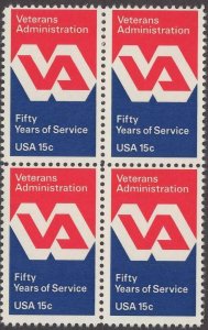 1980 Veterans Admin. Block Of 4 15c Postage Stamps, Sc# 1825, MNH, OG