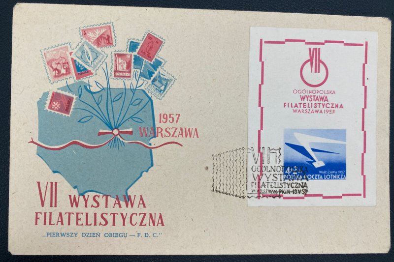 1957 Wystawa Poland First Day Souvenir Sheet cover FDC Philatelic Exhibition